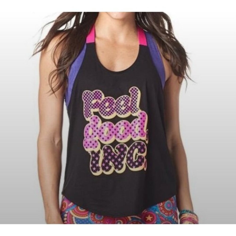 Zumba Feel‎ Good Inc Racerback Tank Top Black Neon Pink Small New